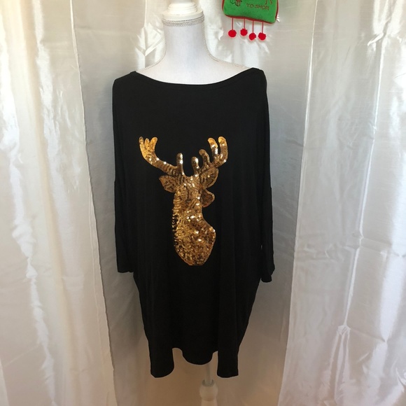 Acting Pro Tops - NWOT  GOLD SEQUINED    Reindeer Tunic  1X/2X